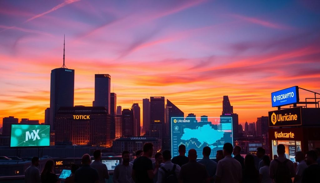 A bustling city skyline at dusk, the silhouettes of towering skyscrapers against a vibrant orange and purple sky. In the foreground, a group of people gathered around a glowing holographic display, engaged in animated discussions about the latest cryptocurrency trends. The scene is illuminated by the warm glow of digital screens and the neon signs of local crypto exchanges. The mood is one of excitement and innovation, as the Ukrainian crypto market thrives with a mix of modern architecture, technology, and a diverse group of investors and enthusiasts.