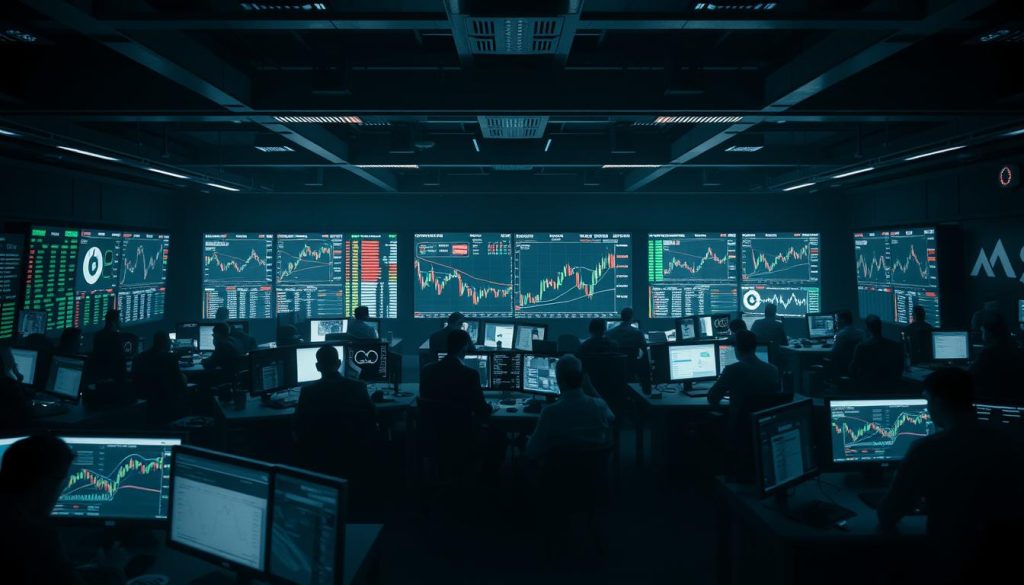 A bustling crypto trading floor, illuminated by the soft glow of digital displays. Traders intently monitoring real-time charts, making swift decisions as digital assets fluctuate. The air crackles with an atmosphere of anticipation and risk-taking. In the center, a large trading screen showcases dynamic cryptocurrency price movements, surrounded by analysts poring over complex data. Sleek, modern workstations line the perimeter, with multiple screens providing a comprehensive view of the evolving crypto landscape. Subdued lighting casts dramatic shadows, creating a sense of intensity and focus. The scene conveys the high-stakes, fast-paced nature of cryptocurrency trading and speculation. A bustling crypto trading floor, illuminated by the soft glow of digital displays. Traders intently monitoring real-time charts, making swift decisions as digital assets fluctuate. The air crackles with an atmosphere of anticipation and risk-taking. In the center, a large trading screen showcases dynamic cryptocurrency price movements, surrounded by analysts poring over complex data. Sleek, modern workstations line the perimeter, with multiple screens providing a comprehensive view of the evolving crypto landscape. Subdued lighting casts dramatic shadows, creating a sense of intensity and focus. The scene conveys the high-stakes, fast-paced nature of cryptocurrency trading and speculation.
