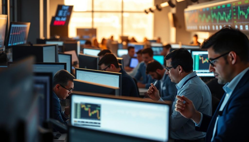 A bustling crypto trading floor, with traders intently monitoring their screens amidst the hum of activity. The scene is bathed in a soft, natural light filtering through large windows, casting a warm glow over the workstations. The traders, dressed in a mix of formal and casual attire, are deeply engrossed in their transactions, their faces illuminated by the glow of digital displays. In the background, a sleek, modern interface showcases the latest market data, with colorful charts and graphs reflecting the dynamic nature of the cryptocurrency landscape. The overall atmosphere is one of focused intensity, where the promise of financial opportunity coexists with the inherent risks of this rapidly evolving market.