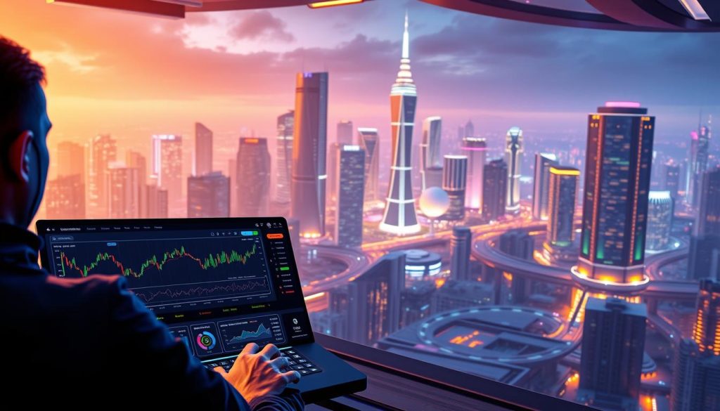 A bustling crypto trading platform with a sleek, futuristic interface. In the foreground, a user navigates a cutting-edge dashboard, complete with real-time market data, advanced charting tools, and seamless order execution. In the middle ground, innovative blockchain-based services are showcased, from decentralized lending to staking platforms. The background features a dynamic cityscape, neon-lit skyscrapers, and the glow of a vibrant crypto ecosystem. Warm lighting casts a sense of energy and progress, while a cool color palette conveys a sense of technological sophistication. The overall scene aims to capture the essence of crypto platform innovations, poised to shape the future of finance.