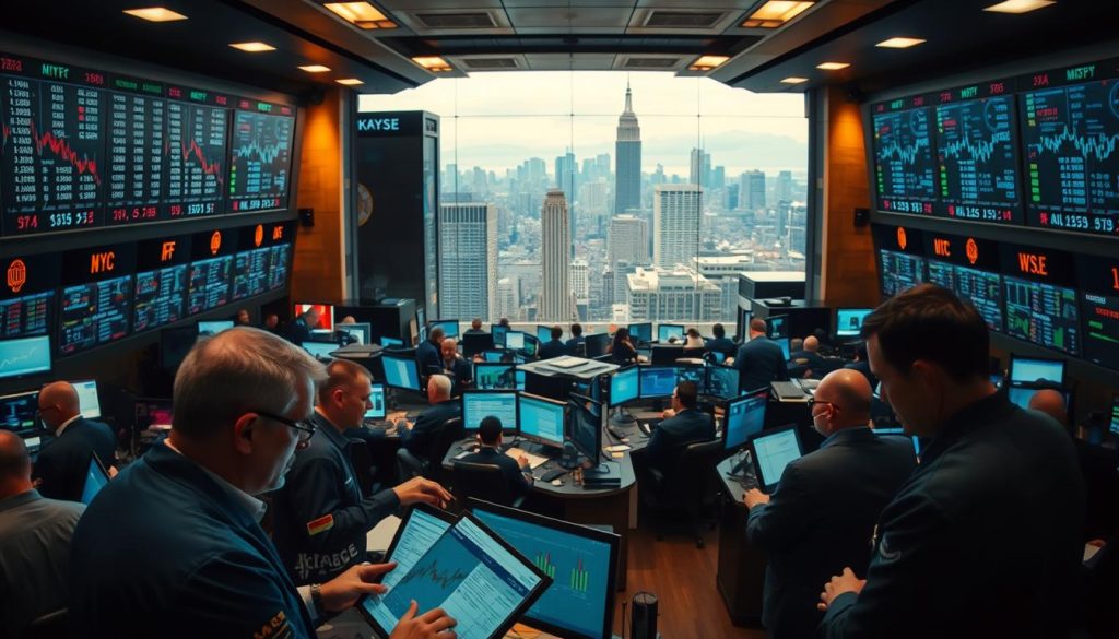 A bustling stock exchange floor, illuminated by the warm glow of overhead lights. In the foreground, a group of traders intently studying stock charts and graphs, their faces reflecting the intensity of the moment. In the middle ground, a sea of desks and computer screens, each displaying a kaleidoscope of financial data. In the background, a panoramic view of the city skyline, a reminder of the global scope of the markets. The mood is one of focused determination, as the potential for growth and wealth creation hangs in the balance. The scene is captured with a cinematic quality, using a wide-angle lens to convey the scale and dynamism of the trading environment.