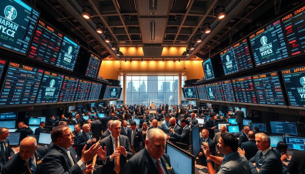 A bustling trading floor in a modern financial exchange, with a wide array of brokers, traders, and analysts closely examining stock tickers and exchanging data on large screens. The scene is bathed in the warm glow of overhead lighting, creating a sense of intensity and focus. In the foreground, a group of traders gesticulate animatedly, their faces a blend of concentration and determination as they make split-second decisions. In the middle ground, electronic trading terminals and workstations line the floor, their screens displaying real-time market data. The background is a panoramic view of the exchange, with towering ceilings and expansive windows offering a glimpse of the city skyline beyond. The overall atmosphere conveys the dynamism and energy of a well-orchestrated financial marketplace.
