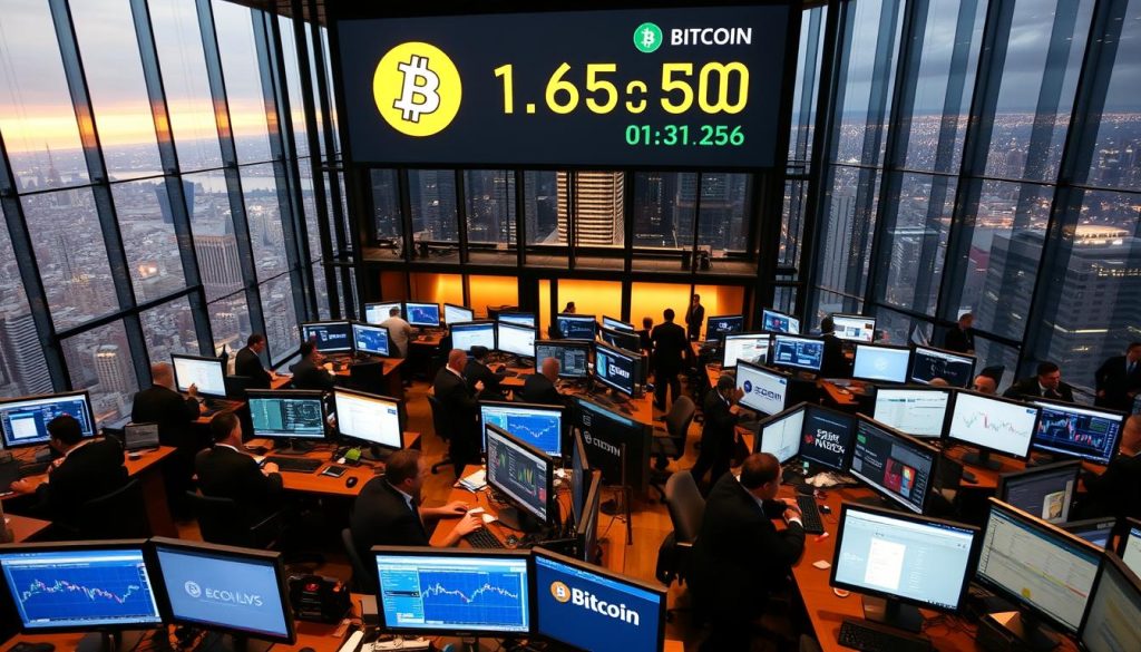 A bustling trading floor of a major cryptocurrency exchange, with a towering glass facade overlooking a sprawling city skyline. Rows of dual-monitor workstations are bathed in the warm glow of trading screens, displaying real-time price charts and order books. Seasoned traders, clad in suits and ties, study the markets intently, their fingers dancing across keyboards as they execute trades. The atmosphere is one of focused intensity, punctuated by the occasional shout or the chime of alerts. Overhead, a large, backlit digital display showcases the exchange's logo and the current Bitcoin-to-USD exchange rate. The scene conveys the pivotal role that these trading platforms play in the dynamic world of cryptocurrency markets.