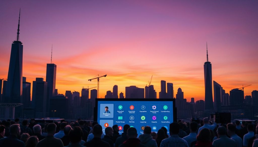 A busy city skyline at dusk, the silhouettes of skyscrapers and cranes against an orange and purple sky. In the foreground, a crowd of people gathered around a large digital display, their faces illuminated by its glow. The display shows various investment opportunities, including icons for crowdfunding and crowdinvesting platforms. The scene conveys a sense of modern financial innovation, collaboration, and the dynamic energy of a thriving urban center. A busy city skyline at dusk, the silhouettes of skyscrapers and cranes against an orange and purple sky. In the foreground, a crowd of people gathered around a large digital display, their faces illuminated by its glow. The display shows various investment opportunities, including icons for crowdfunding and crowdinvesting platforms. The scene conveys a sense of modern financial innovation, collaboration, and the dynamic energy of a thriving urban center.