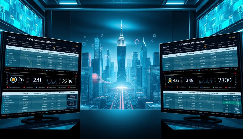 A complex, multi-layered comparison of popular cryptocurrency trading platforms, set against a sleek, futuristic backdrop. In the foreground, digital displays present detailed side-by-side analyses of exchange features, fees, security, and user experience. The middle ground showcases abstract blockchain-inspired elements, such as floating data nodes and glowing transaction flows. In the background, a cityscape of towering skyscrapers and advanced infrastructure reflects the cutting-edge technology powering these platforms. Dramatic lighting, with a cool color palette and sharp contrasts, conveys a sense of sophistication and informed decision-making. The overall composition should feel authoritative, informative, and visually compelling.