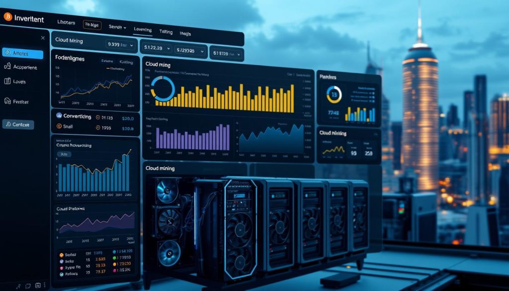 A comprehensive financial dashboard showcasing a range of investment platforms, including cloud mining. The foreground features a sleek, modern user interface with interactive charts, graphs, and data visualizations. The middle ground depicts various cryptocurrency mining rigs and server hardware, symbolizing the technological backbone of cloud mining. The background subtly suggests a futuristic cityscape, hinting at the global reach and scale of the cloud mining industry. The overall mood is one of professionalism, innovation, and informed decision-making, reflecting the importance of carefully selecting the right platform for cloud mining investments.