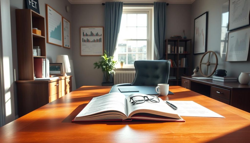 A cozy office environment with a large desk and comfortable chair. On the desk, an open book, a pen, and a pair of reading glasses, symbolizing the practical advice and research needed for successful investing. The walls are adorned with financial charts and graphs, providing visual cues for the topic. Natural light streams in through a window, creating a warm and inviting atmosphere. Subtle details like a small plant or a mug of coffee add to the sense of a productive, professional setting. The overall mood is one of thoughtfulness, diligence, and a commitment to making informed financial decisions.
