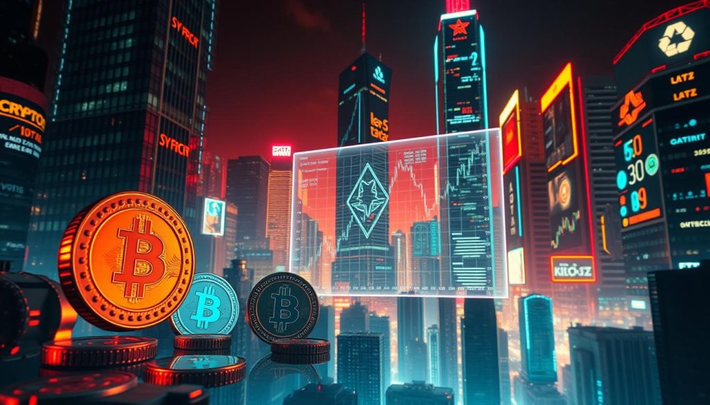 A cyberpunk-inspired scene of vintage cryptocurrencies and retro-futuristic financial projections. In the foreground, retro-styled cryptocoin icons drift and glitch, their metallic surfaces reflecting the neon-tinged cityscape behind them. In the middle ground, a holographic display showcases fluctuating charts and data streams, casting an ethereal glow. The background is a towering metropolis of glass and steel, its skyscrapers adorned with glowing crypto-themed advertisements. The lighting is moody and dramatic, with warm hues contrasting against the cool blues of the digital elements. The overall atmosphere is one of technological wonder and financial intrigue. A cyberpunk-inspired scene of vintage cryptocurrencies and retro-futuristic financial projections. In the foreground, retro-styled cryptocoin icons drift and glitch, their metallic surfaces reflecting the neon-tinged cityscape behind them. In the middle ground, a holographic display showcases fluctuating charts and data streams, casting an ethereal glow. The background is a towering metropolis of glass and steel, its skyscrapers adorned with glowing crypto-themed advertisements. The lighting is moody and dramatic, with warm hues contrasting against the cool blues of the digital elements. The overall atmosphere is one of technological wonder and financial intrigue.