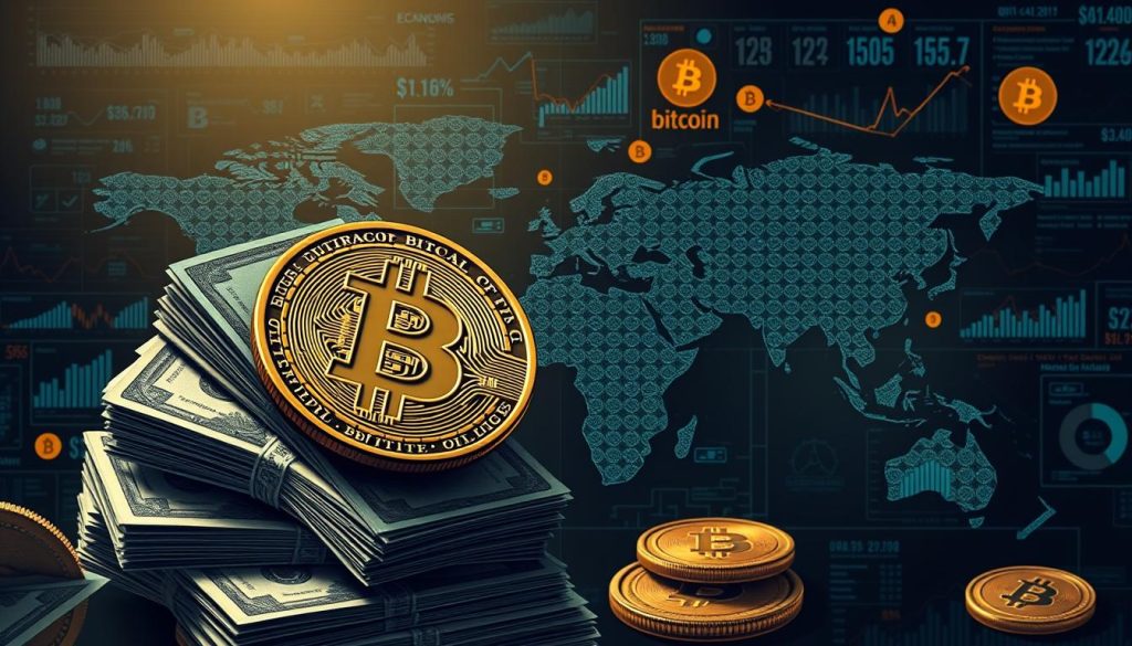 A detailed and visually striking illustration depicting the macroeconomic factors influencing Bitcoin. In the foreground, a stack of US dollar bills intertwines with the Bitcoin symbol, representing the interconnectedness of the cryptocurrency and the fiscal policies of the United States. In the middle ground, a world map showcases global economic trends and indicators, with Bitcoin charts and analytics overlaying the data. In the background, a network of financial graphs, charts, and infographics conveys the complex web of macroeconomic variables shaping the Bitcoin market. The image should have a moody, authoritative tone, with dramatic lighting and a high-contrast palette to emphasize the gravity of the subject matter.