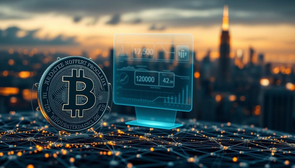 A detailed blockchain transaction visualization. In the foreground, a 3D model of a cryptocurrency coin surrounded by a matrix of interconnected nodes and lines, representing the blockchain network. In the middle ground, a holographic projection of transaction data, with icons and graphs depicting the flow of digital assets. The background features a futuristic city skyline, bathed in a warm, glowing light, symbolizing the integration of blockchain technology into the urban landscape. The scene is rendered with a cinematic depth of field, sharp focus on the central elements, and a moody, atmospheric lighting to convey the complexity and importance of blockchain transactions. A detailed blockchain transaction visualization. In the foreground, a 3D model of a cryptocurrency coin surrounded by a matrix of interconnected nodes and lines, representing the blockchain network. In the middle ground, a holographic projection of transaction data, with icons and graphs depicting the flow of digital assets. The background features a futuristic city skyline, bathed in a warm, glowing light, symbolizing the integration of blockchain technology into the urban landscape. The scene is rendered with a cinematic depth of field, sharp focus on the central elements, and a moody, atmospheric lighting to convey the complexity and importance of blockchain transactions.