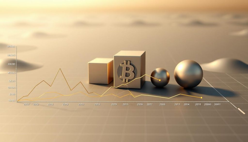 A detailed, data-driven visualization of Bitcoin's key statistics. In the foreground, a crisp line graph showcases the chronological evolution of Bitcoin's supply, demand, and market capitalization. The middle ground features 3D-rendered cubes and spheres, visually representing the circulating and maximum Bitcoin supply, as well as its current market cap. The background depicts a minimalist, metallic-toned landscape with subtle grid patterns, conveying the technical, decentralized nature of the cryptocurrency. The lighting is clean and directional, casting sharp shadows to accentuate the dimensional elements. The overall composition is sleek, modern, and infused with a sense of technological prowess, perfectly suited to illustrate the statistical landscape of Bitcoin.