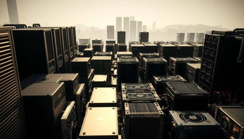 A detailed, evolving landscape of bitcoin mining equipment through the ages. In the foreground, an array of cutting-edge ASIC miners, their sleek casings gleaming under soft, directional lighting. In the middle ground, a collection of older GPU rigs, their many faceted fans and heat sinks a testament to the rapid advancement of mining tech. In the distant background, the silhouettes of the first-generation mining hardware - bulky, power-hungry rigs compared to their modern counterparts. The overall scene conveys the steady march of progress, the ever-increasing efficiency and computing power of the tools that power the Bitcoin network. A detailed, evolving landscape of bitcoin mining equipment through the ages. In the foreground, an array of cutting-edge ASIC miners, their sleek casings gleaming under soft, directional lighting. In the middle ground, a collection of older GPU rigs, their many faceted fans and heat sinks a testament to the rapid advancement of mining tech. In the distant background, the silhouettes of the first-generation mining hardware - bulky, power-hungry rigs compared to their modern counterparts. The overall scene conveys the steady march of progress, the ever-increasing efficiency and computing power of the tools that power the Bitcoin network.