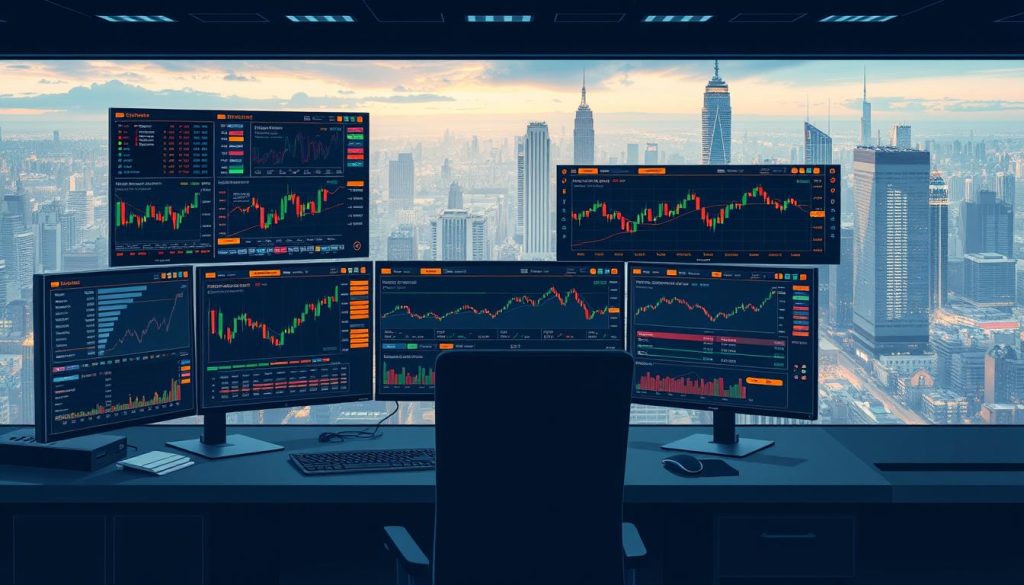 A detailed, technical illustration of cryptocurrency exchange trading instruments. A sleek, futuristic user interface showcases an array of advanced charting tools, order types, and trade execution features. The foreground depicts a professional trader's workstation, with multiple high-resolution displays, input devices, and a minimalist desk setup. The middle ground highlights the core trading platform, with intuitive visualizations of order books, price movements, and market indicators. The background features a stunning cityscape backdrop, conveying the global, interconnected nature of the crypto markets. The overall mood is one of sophistication, efficiency, and cutting-edge financial technology.