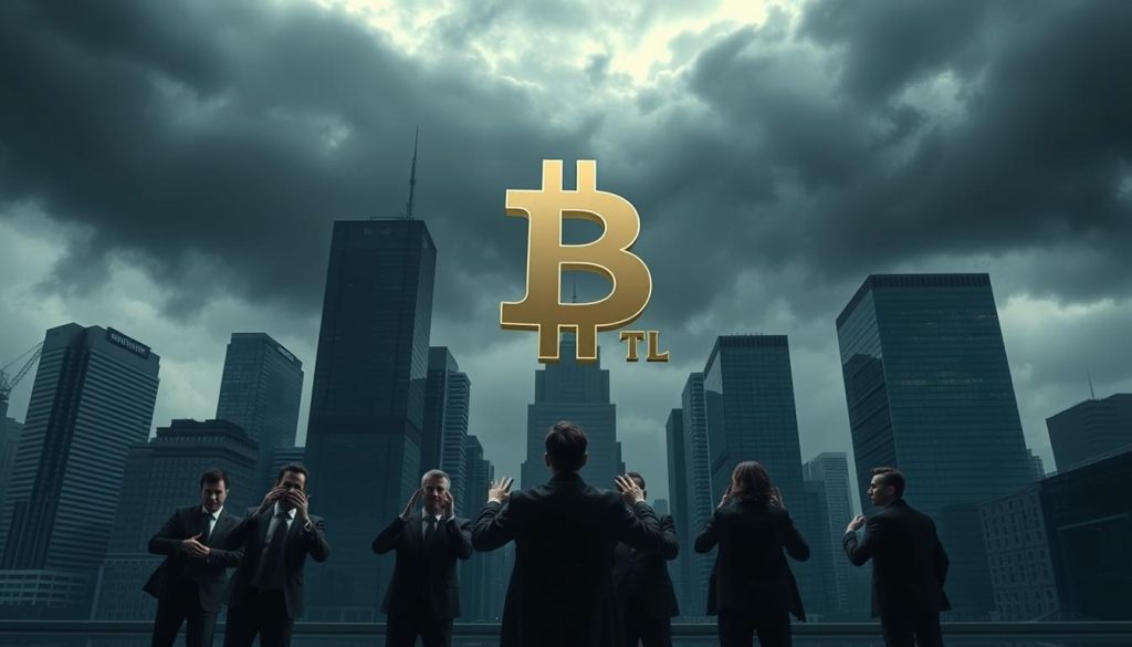 A digital cityscape with towering skyscrapers reflecting a cloudy, ominous sky. In the foreground, a group of figures in business attire appear tense and concerned, gesturing towards a larger-than-life cryptocurrency symbol looming overhead. The scene is bathed in a shadowy, moody lighting, conveying a sense of unease and uncertainty surrounding the risks and security challenges of the cryptocurrency market. The composition emphasizes the overwhelming presence of the digital currency, juxtaposed with the anxious human figures, creating a sense of foreboding and the need for caution. The overall atmosphere evokes the complexities and potential dangers that investors must navigate in the world of cryptocurrency. A digital cityscape with towering skyscrapers reflecting a cloudy, ominous sky. In the foreground, a group of figures in business attire appear tense and concerned, gesturing towards a larger-than-life cryptocurrency symbol looming overhead. The scene is bathed in a shadowy, moody lighting, conveying a sense of unease and uncertainty surrounding the risks and security challenges of the cryptocurrency market. The composition emphasizes the overwhelming presence of the digital currency, juxtaposed with the anxious human figures, creating a sense of foreboding and the need for caution. The overall atmosphere evokes the complexities and potential dangers that investors must navigate in the world of cryptocurrency.