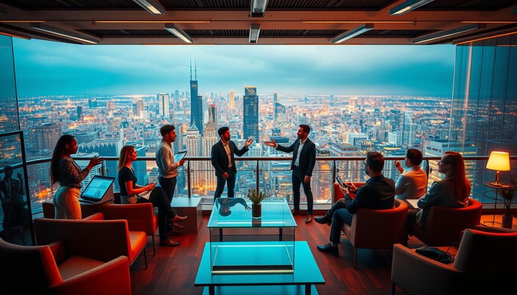 A dynamic and innovative tech startup landscape, with a team of ambitious entrepreneurs pitching their ideas to a panel of venture capitalists. In the foreground, a sleek and modern office setting, complete with holographic displays and minimalist furniture. The middle ground showcases a diverse group of founders, passionately gesturing and presenting their cutting-edge business plans. In the background, a panoramic view of a bustling city skyline, hinting at the broader ecosystem of innovation and growth. Warm and vibrant lighting illuminates the scene, creating an atmosphere of energy, optimism, and the promise of disruptive change.