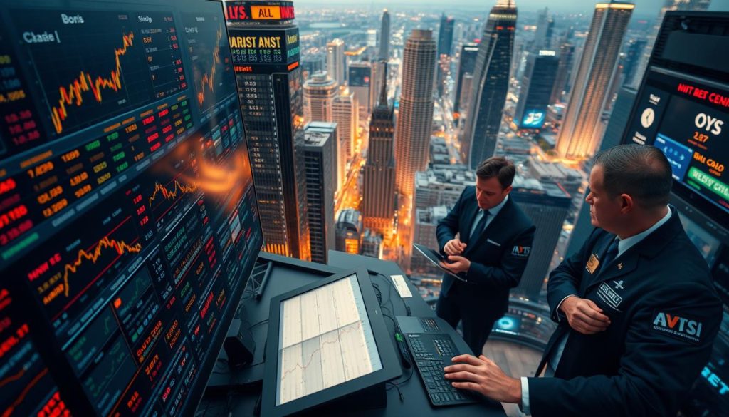 A dynamic and vibrant stock market scene, capturing the essence of financial investment. In the foreground, a diverse array of stocks, bonds, and ETFs are displayed on a sleek, modern interface, with a focus on the interplay of these instruments. The middle ground features a group of professional traders, their expressions intense as they analyze market data and make informed decisions. In the background, a cityscape of towering skyscrapers and bustling activity, reflecting the global nature of the financial landscape. The lighting is warm and ambient, creating a sense of energy and urgency, while the camera angle provides a bird's-eye view, conveying the scale and complexity of the stock market. The overall mood is one of dynamism, sophistication, and the thrill of high-stakes financial transactions.