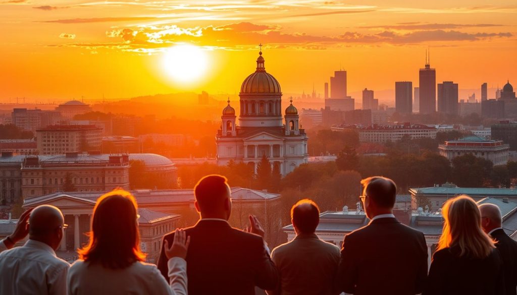 A dynamic cityscape of Kyiv, Ukraine, illuminated by a warm, golden sunset. In the foreground, a group of blockchain experts and policymakers engage in a lively discussion, their hands gesturing as they debate the legal status of cryptocurrencies. Behind them, the iconic St. Sophia's Cathedral stands tall, its golden domes reflecting the fading light. In the distance, the silhouettes of modern skyscrapers and government buildings symbolize the intersection of traditional institutions and the decentralized world of digital assets. The scene conveys a sense of progress and transition, as Ukraine navigates the evolving landscape of cryptocurrency regulations. A dynamic cityscape of Kyiv, Ukraine, illuminated by a warm, golden sunset. In the foreground, a group of blockchain experts and policymakers engage in a lively discussion, their hands gesturing as they debate the legal status of cryptocurrencies. Behind them, the iconic St. Sophia's Cathedral stands tall, its golden domes reflecting the fading light. In the distance, the silhouettes of modern skyscrapers and government buildings symbolize the intersection of traditional institutions and the decentralized world of digital assets. The scene conveys a sense of progress and transition, as Ukraine navigates the evolving landscape of cryptocurrency regulations.