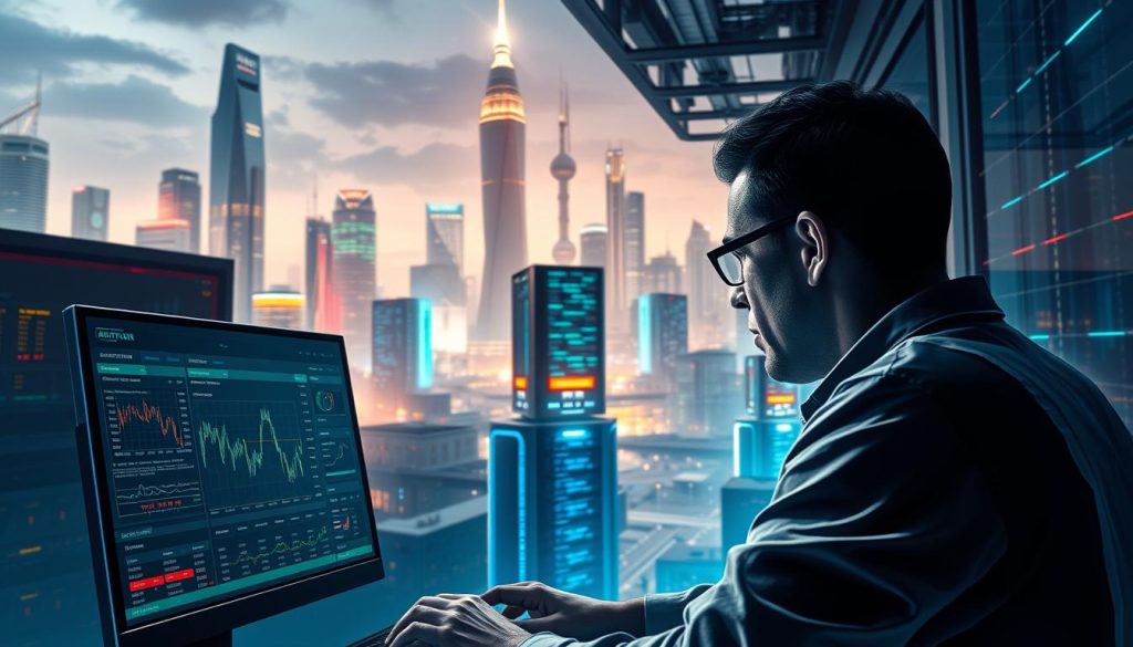 A dynamic cryptocurrency trading scene featuring the key elements of arbitrage. In the foreground, a trader intently monitors multiple exchange dashboards on a high-resolution display, seeking to capitalize on price discrepancies. In the middle ground, servers and data centers hum with activity, processing the rapid flow of market data and executing trades. The background depicts a futuristic cityscape, with towering skyscrapers and glowing neon signage, symbolizing the global, interconnected nature of the cryptocurrency ecosystem. Soft, indirect lighting casts an aura of focus and intensity, while the overall composition conveys a sense of precision, strategy, and the relentless pursuit of profitable trading opportunities. A dynamic cryptocurrency trading scene featuring the key elements of arbitrage. In the foreground, a trader intently monitors multiple exchange dashboards on a high-resolution display, seeking to capitalize on price discrepancies. In the middle ground, servers and data centers hum with activity, processing the rapid flow of market data and executing trades. The background depicts a futuristic cityscape, with towering skyscrapers and glowing neon signage, symbolizing the global, interconnected nature of the cryptocurrency ecosystem. Soft, indirect lighting casts an aura of focus and intensity, while the overall composition conveys a sense of precision, strategy, and the relentless pursuit of profitable trading opportunities.