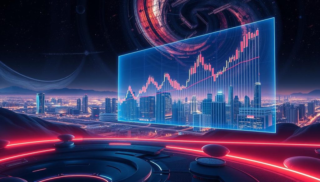 A futuristic and dynamic landscape depicting the cryptocurrency market forecast. In the foreground, a holographic cryptocurrency chart projected in mid-air, pulsing with vivid colors and fluctuating lines symbolizing the volatility of the market. In the middle ground, a cityscape of towering skyscrapers and advanced infrastructure, representing the technology and innovation driving the crypto ecosystem. The background features a panoramic view of the night sky, with swirling nebulae and celestial bodies, evoking the global and cosmic scale of the cryptocurrency revolution. Lighting is dramatic, with neon accents and reflective surfaces, creating a sense of high-tech modernity. The overall atmosphere is one of anticipation, progress, and a glimpse into the future of digital finance. A futuristic and dynamic landscape depicting the cryptocurrency market forecast. In the foreground, a holographic cryptocurrency chart projected in mid-air, pulsing with vivid colors and fluctuating lines symbolizing the volatility of the market. In the middle ground, a cityscape of towering skyscrapers and advanced infrastructure, representing the technology and innovation driving the crypto ecosystem. The background features a panoramic view of the night sky, with swirling nebulae and celestial bodies, evoking the global and cosmic scale of the cryptocurrency revolution. Lighting is dramatic, with neon accents and reflective surfaces, creating a sense of high-tech modernity. The overall atmosphere is one of anticipation, progress, and a glimpse into the future of digital finance.