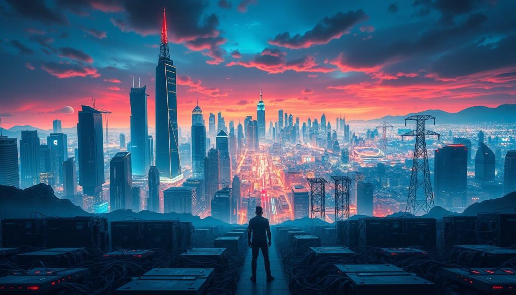 A futuristic cityscape with towering skyscrapers and advanced mining rigs, illuminated by a vibrant, neon-tinged skyline. In the foreground, a lone figure stands amidst a field of mining hardware, contemplating the potential risks and rewards of this cutting-edge technology. The middle ground features a sprawling network of data centers and power grids, while the background showcases a panoramic view of the city, hinting at the rapid pace of technological progress and the high-stakes world of cryptocurrency mining. The scene conveys a sense of both excitement and uncertainty, capturing the dynamic nature of the industry and the challenges it faces in the coming years. A futuristic cityscape with towering skyscrapers and advanced mining rigs, illuminated by a vibrant, neon-tinged skyline. In the foreground, a lone figure stands amidst a field of mining hardware, contemplating the potential risks and rewards of this cutting-edge technology. The middle ground features a sprawling network of data centers and power grids, while the background showcases a panoramic view of the city, hinting at the rapid pace of technological progress and the high-stakes world of cryptocurrency mining. The scene conveys a sense of both excitement and uncertainty, capturing the dynamic nature of the industry and the challenges it faces in the coming years.
