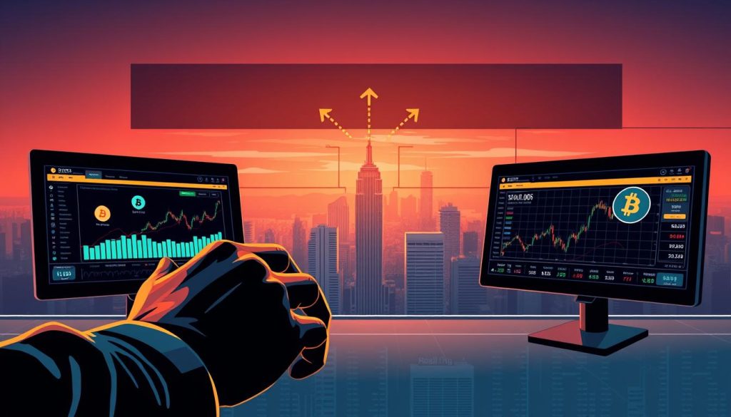 A high-contrast digital illustration depicting the concept of cryptocurrency arbitrage. In the foreground, a trader's hands taps on a virtual trading platform, with various cryptocurrency symbols and price charts displayed on the screens. In the middle ground, a series of arrows connect different cryptocurrency exchanges, illustrating the flow of assets and price differences. The background features a cityscape with skyscrapers, representing the global financial markets. The overall mood is one of intensity, precision, and the pursuit of profitable opportunities in the dynamic world of cryptocurrency trading. A high-contrast digital illustration depicting the concept of cryptocurrency arbitrage. In the foreground, a trader's hands taps on a virtual trading platform, with various cryptocurrency symbols and price charts displayed on the screens. In the middle ground, a series of arrows connect different cryptocurrency exchanges, illustrating the flow of assets and price differences. The background features a cityscape with skyscrapers, representing the global financial markets. The overall mood is one of intensity, precision, and the pursuit of profitable opportunities in the dynamic world of cryptocurrency trading.