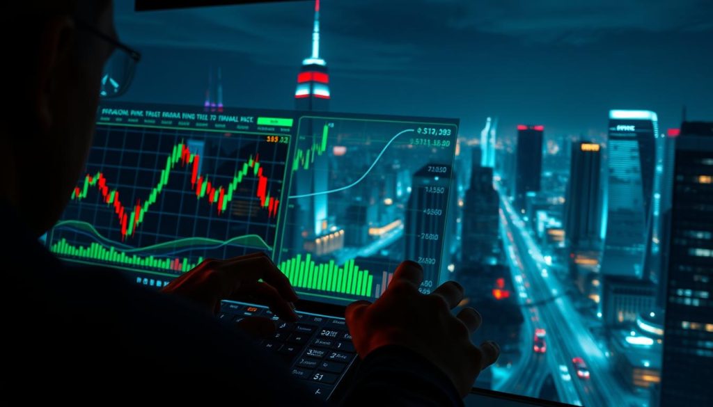 A high-contrast trading dashboard with a futuristic, neon-lit atmosphere. In the foreground, a pair of hands operate a sleek cryptocurrency trading interface, the glowing green and red charts reflected in their eyes. In the middle ground, a series of technical indicators and moving average lines overlay the price charts, hinting at the application of advanced trading strategies. The background depicts a cityscape at night, the skyscrapers and streets illuminated by a grid of digital data visualizations, symbolizing the interconnected nature of the crypto markets. The overall mood is one of focus, intensity, and the thrill of trading, with a sense of the cutting edge of financial technology.