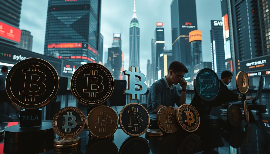 A high-contrast, wide-angle image of the most popular cryptocurrency exchanges, set against a backdrop of a sleek, futuristic cityscape with towering skyscrapers and neon-lit streets. In the foreground, the exchange logos are prominently displayed, each one shimmering with a metallic sheen. The middle ground features traders hunched over their laptops, engrossed in complex charts and graphs. Soft, diffused lighting casts dramatic shadows, creating a sense of depth and dynamism. The overall atmosphere is one of technological sophistication and financial power, reflecting the pivotal role of these exchanges in the world of cryptocurrency trading. A high-contrast, wide-angle image of the most popular cryptocurrency exchanges, set against a backdrop of a sleek, futuristic cityscape with towering skyscrapers and neon-lit streets. In the foreground, the exchange logos are prominently displayed, each one shimmering with a metallic sheen. The middle ground features traders hunched over their laptops, engrossed in complex charts and graphs. Soft, diffused lighting casts dramatic shadows, creating a sense of depth and dynamism. The overall atmosphere is one of technological sophistication and financial power, reflecting the pivotal role of these exchanges in the world of cryptocurrency trading.