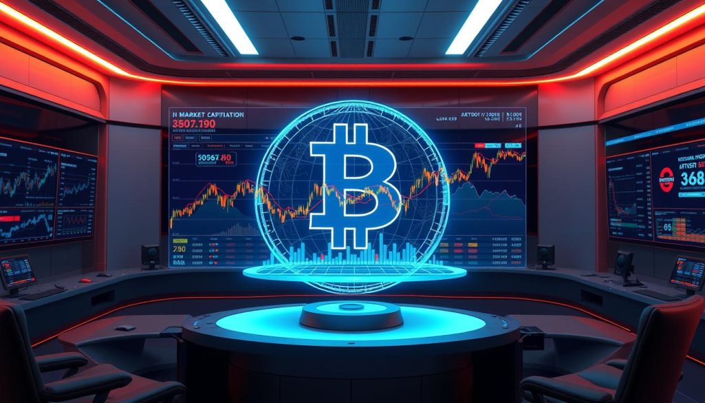 A high-fidelity 3D visualization of the global bitcoin market, showcasing its dynamic market capitalization and trading volumes. The scene depicts a vast, holographic display hovering amidst a sleek, futuristic control room. Detailed graphs, charts, and data visualizations depict the cryptocurrency's real-time performance, with lines and curves tracing its fluctuations over time. Vibrant colors and clean, minimalist aesthetics convey a sense of technological prowess and financial sophistication. Strategically placed lighting and camera angles emphasize the grandeur and importance of the bitcoin ecosystem. The overall mood evokes a sense of authority, precision, and the power of data-driven insights.