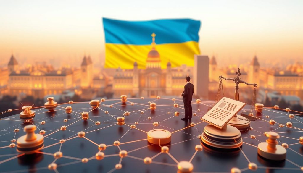 A high-resolution, detailed 3D illustration of legal aspects and regulations surrounding blockchain technology in Ukraine. The foreground shows a blockchain diagram overlaid with legal symbols and documents. The middle ground features government officials and lawyers discussing blockchain policies. The background depicts the skyline of Kyiv, with the Ukrainian flag prominently displayed. The scene is illuminated by warm, directional lighting, creating a sense of authority and professionalism. The overall mood conveys the intersection of cutting-edge technology and the legal framework governing its use in the country.