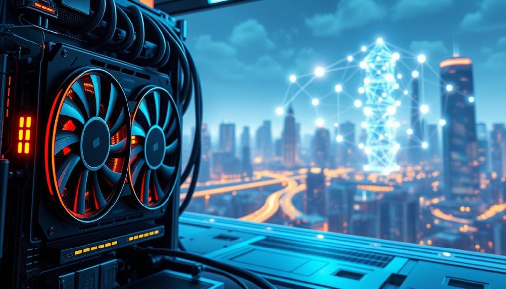 A high-resolution, detailed illustration depicting the inner workings of cryptocurrency mining and blockchain technology. In the foreground, a powerful GPU rig, its fans whirring, processing complex computational algorithms. In the middle ground, a 3D rendered blockchain network, with nodes connected by glowing lines, representing the distributed digital ledger. In the background, a futuristic cityscape, hinting at the widespread adoption and integration of cryptocurrency in the modern economy. The scene is bathed in a cool, blue-tinted lighting, conveying the technical, almost mystical nature of these fundamental crypto concepts. The overall mood is one of innovation, dynamism, and the vast potential of this emerging financial technology. A high-resolution, detailed illustration depicting the inner workings of cryptocurrency mining and blockchain technology. In the foreground, a powerful GPU rig, its fans whirring, processing complex computational algorithms. In the middle ground, a 3D rendered blockchain network, with nodes connected by glowing lines, representing the distributed digital ledger. In the background, a futuristic cityscape, hinting at the widespread adoption and integration of cryptocurrency in the modern economy. The scene is bathed in a cool, blue-tinted lighting, conveying the technical, almost mystical nature of these fundamental crypto concepts. The overall mood is one of innovation, dynamism, and the vast potential of this emerging financial technology.