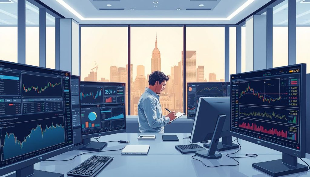 A high-resolution digital illustration depicting a set of cryptocurrency tracking tools. In the foreground, various analytical dashboards and trading platforms are displayed on a series of computer monitors, showcasing real-time price data, transaction histories, and portfolio management tools. In the middle ground, a person is intently studying the screens, making notes and adjustments. The background features a sleek, minimalist office environment with large windows overlooking a cityscape. The lighting is bright and evenly distributed, creating a sense of professionalism and productivity. The overall atmosphere conveys a combination of technological sophistication and financial acumen, reflecting the importance of effective cryptocurrency monitoring in the modern digital economy.