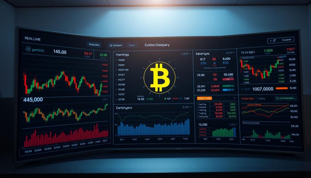 A high-resolution, photorealistic image of a digital dashboard displaying real-time cryptocurrency trading data. The dashboard features multiple panels showing live price charts, order books, and trading volume indicators for various cryptocurrencies, with Bitcoin prominently displayed in the center. The interface is sleek and modern, with a minimalist design and clean typography. The lighting is bright and crisp, casting subtle shadows that add depth and dimension to the scene. The camera angle is slightly elevated, providing a comprehensive view of the dashboard's features. The overall mood is one of professional analysis and financial monitoring, reflecting the serious yet dynamic nature of the cryptocurrency markets.