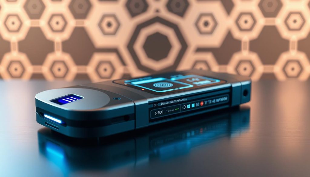 A high-security crypto wallet with advanced encryption and multi-factor authentication, set against a sleek, minimalist backdrop. Metallic surfaces reflect the dim, atmospheric lighting, conveying a sense of technological sophistication and data protection. In the foreground, a biometric scanner and secure chip reader shine with an LED glow, while the middle ground features a digital display showcasing real-time transaction monitoring and activity logs. The background fades into an abstract pattern of hexagonal blockchain nodes, symbolizing the decentralized network that safeguards digital assets. A high-security crypto wallet with advanced encryption and multi-factor authentication, set against a sleek, minimalist backdrop. Metallic surfaces reflect the dim, atmospheric lighting, conveying a sense of technological sophistication and data protection. In the foreground, a biometric scanner and secure chip reader shine with an LED glow, while the middle ground features a digital display showcasing real-time transaction monitoring and activity logs. The background fades into an abstract pattern of hexagonal blockchain nodes, symbolizing the decentralized network that safeguards digital assets.