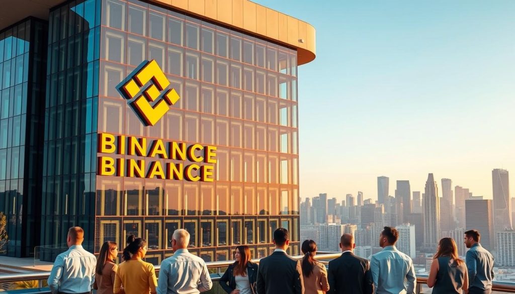 A large, modern office building with sleek glass facades overlooking an urban skyline. The structure is prominently displaying the Binance logo, reflecting the company's global presence. In the foreground, a diverse group of professionals engaged in animated discussions, representing the international markets Binance serves. The scene is bathed in a warm, golden light, conveying a sense of productivity and international collaboration. The background features a cityscape with towering skyscrapers, hinting at the vast scale of Binance's worldwide operations. The overall composition emphasizes Binance's position as a leading player in the global financial markets. A large, modern office building with sleek glass facades overlooking an urban skyline. The structure is prominently displaying the Binance logo, reflecting the company's global presence. In the foreground, a diverse group of professionals engaged in animated discussions, representing the international markets Binance serves. The scene is bathed in a warm, golden light, conveying a sense of productivity and international collaboration. The background features a cityscape with towering skyscrapers, hinting at the vast scale of Binance's worldwide operations. The overall composition emphasizes Binance's position as a leading player in the global financial markets.