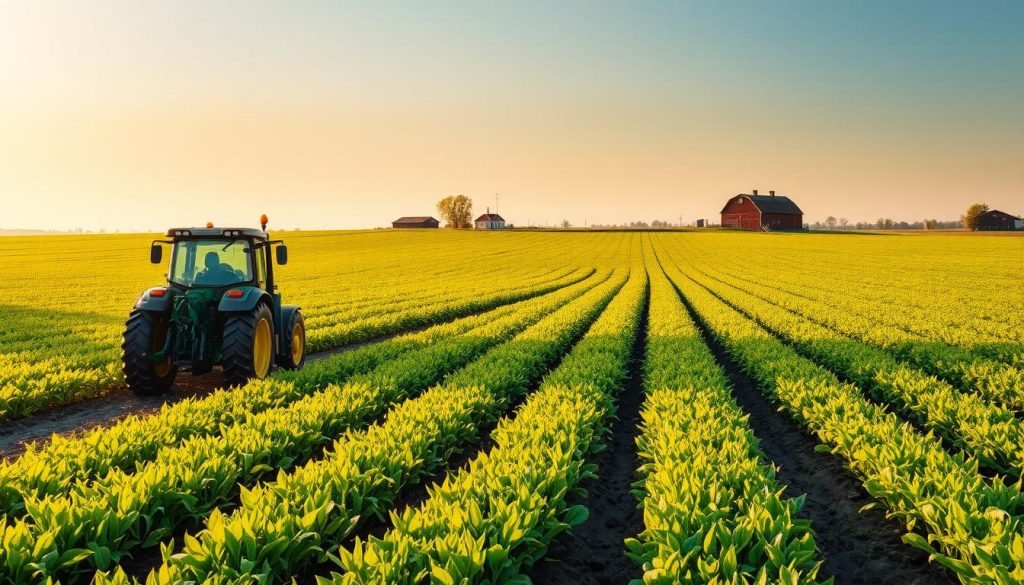 A lush, verdant field of fertile agricultural land stretches across the horizon, bathed in warm, golden sunlight. In the foreground, a modern tractor tills the soil, preparing the land for planting. Rows of newly sprouted crops sway gently in a light breeze, hinting at the bountiful harvest to come. In the distance, a farmhouse and barn stand as symbols of the hard work and resilience of the Ukrainian farming community. The scene conveys a sense of opportunity and potential, inviting the viewer to consider the possibilities of investing in this vital and dynamic sector of the economy.