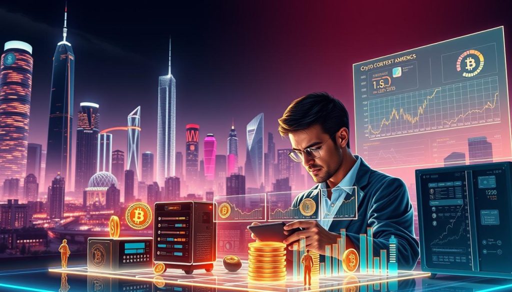 A meticulously crafted digital illustration depicting the best cryptocurrency earning strategies for 2024-2025. A sleek, futuristic cityscape fills the background, its towering skyscrapers and gleaming neon lights setting an innovative, tech-savvy tone. In the foreground, a holographic display showcases a variety of crypto-related financial instruments, from digital wallets to mining rigs, all bathed in a warm, neon-infused glow. The middle ground features a group of savvy investors, their expressions focused as they analyze performance charts and make strategic decisions. Cinematic lighting and a dramatic, forward-thinking composition convey a sense of opportunity, possibility, and the promise of financial success in the rapidly evolving world of cryptocurrency. A meticulously crafted digital illustration depicting the best cryptocurrency earning strategies for 2024-2025. A sleek, futuristic cityscape fills the background, its towering skyscrapers and gleaming neon lights setting an innovative, tech-savvy tone. In the foreground, a holographic display showcases a variety of crypto-related financial instruments, from digital wallets to mining rigs, all bathed in a warm, neon-infused glow. The middle ground features a group of savvy investors, their expressions focused as they analyze performance charts and make strategic decisions. Cinematic lighting and a dramatic, forward-thinking composition convey a sense of opportunity, possibility, and the promise of financial success in the rapidly evolving world of cryptocurrency.