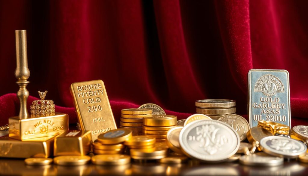 A meticulously crafted still life of gold and silver bullion bars, coins, and jewelry against a backdrop of luxurious velvet. The foreground features the precious metals in varying shapes and sizes, arranged with an eye for symmetry and visual balance. The middle ground showcases a selection of gold and silver coins, their surfaces gleaming under the warm, soft lighting. In the background, a deep burgundy velvet drape creates a sense of opulence and exclusivity, heightening the sense of the metals' inherent value. The overall composition evokes a feeling of wealth, stability, and the timeless allure of investing in precious metals.