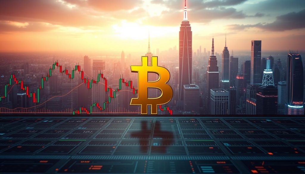 A meticulously detailed technical analysis of Bitcoin's price movements, visualized under a dramatic, cinematic lighting setup. The foreground showcases a series of candlestick charts, stock indicators, and technical patterns overlaying a three-dimensional BTC logo. The middle ground features a grid of numerical data, statistical visualizations, and market analysis tools. The background depicts a futuristic, neon-tinged cityscape with skyscrapers and digital infrastructure, conveying the cutting-edge, high-tech essence of the cryptocurrency market. The overall atmosphere is one of precision, data-driven insights, and the constant evolution of the Bitcoin ecosystem. A meticulously detailed technical analysis of Bitcoin's price movements, visualized under a dramatic, cinematic lighting setup. The foreground showcases a series of candlestick charts, stock indicators, and technical patterns overlaying a three-dimensional BTC logo. The middle ground features a grid of numerical data, statistical visualizations, and market analysis tools. The background depicts a futuristic, neon-tinged cityscape with skyscrapers and digital infrastructure, conveying the cutting-edge, high-tech essence of the cryptocurrency market. The overall atmosphere is one of precision, data-driven insights, and the constant evolution of the Bitcoin ecosystem.