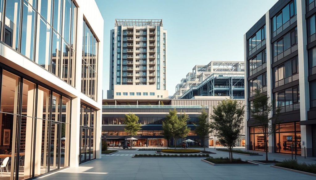 A modern commercial property with a sleek, minimalist facade. The foreground depicts a well-designed office space with floor-to-ceiling windows, allowing natural light to flood the interior. In the middle ground, a bustling retail area showcases high-end boutiques and trendy cafes. The background features a towering warehouse complex, its utilitarian design balanced by carefully landscaped grounds. Crisp, directional lighting creates depth and highlights the architectural elements. The overall scene conveys a sense of urban sophistication and professional opportunity, capturing the essence of a thriving commercial real estate landscape.