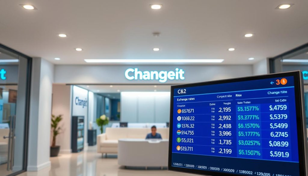 A modern cryptocurrency exchange office with a sleek, minimalist design. The foreground features a large digital display showcasing the current exchange rates for various cryptocurrencies. Behind it, the middle ground shows the clean, well-lit interior with minimalist furniture and decor. The background reveals the storefront's exterior, with signage reading "Changeit" in a simple, bold typeface. The lighting is bright and evenly distributed, creating a professional, trustworthy atmosphere. The overall scene conveys a sense of efficiency, transparency, and reliability for the cryptocurrency exchange service. A modern cryptocurrency exchange office with a sleek, minimalist design. The foreground features a large digital display showcasing the current exchange rates for various cryptocurrencies. Behind it, the middle ground shows the clean, well-lit interior with minimalist furniture and decor. The background reveals the storefront's exterior, with signage reading "Changeit" in a simple, bold typeface. The lighting is bright and evenly distributed, creating a professional, trustworthy atmosphere. The overall scene conveys a sense of efficiency, transparency, and reliability for the cryptocurrency exchange service.