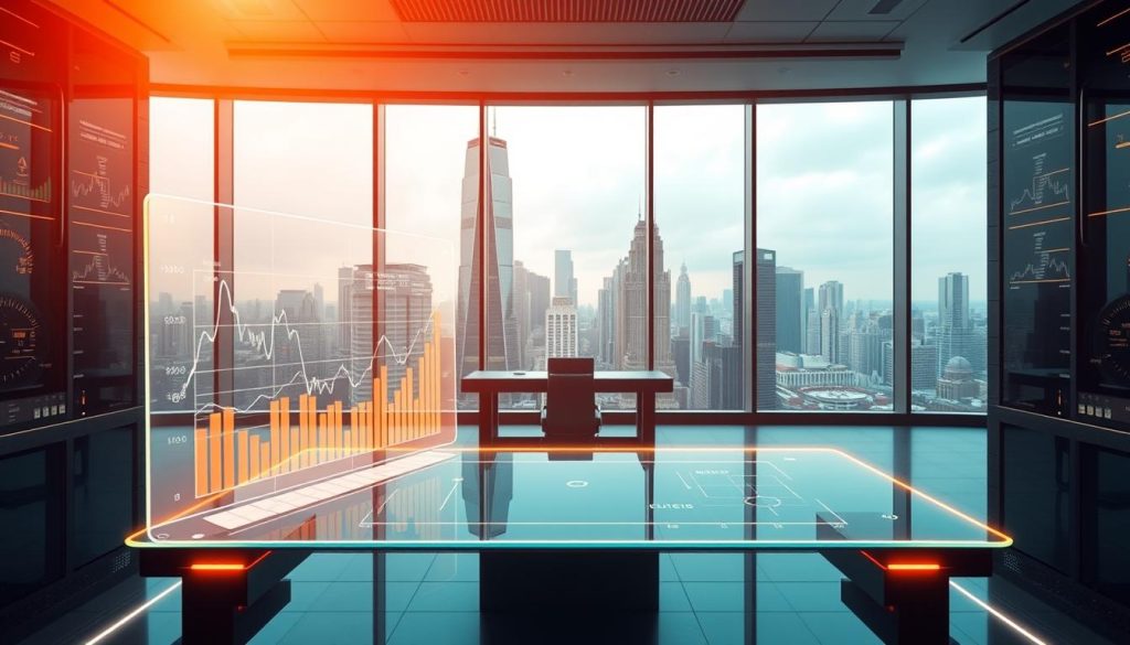 A modern digital financial landscape with sleek, stylized interfaces showcasing emerging investment technologies. In the foreground, a holographic display presents interactive graphs and charts, bathed in a warm, amber-tinted lighting. The middle ground features a minimalist workstation with a transparent touchscreen panel, surrounded by subtle neon accents. In the background, a cityscape of towering skyscrapers and futuristic architecture is visible through expansive windows, creating a sense of innovation and progress. The overall mood is one of sophistication, technological advancement, and the boundless possibilities of online investing.