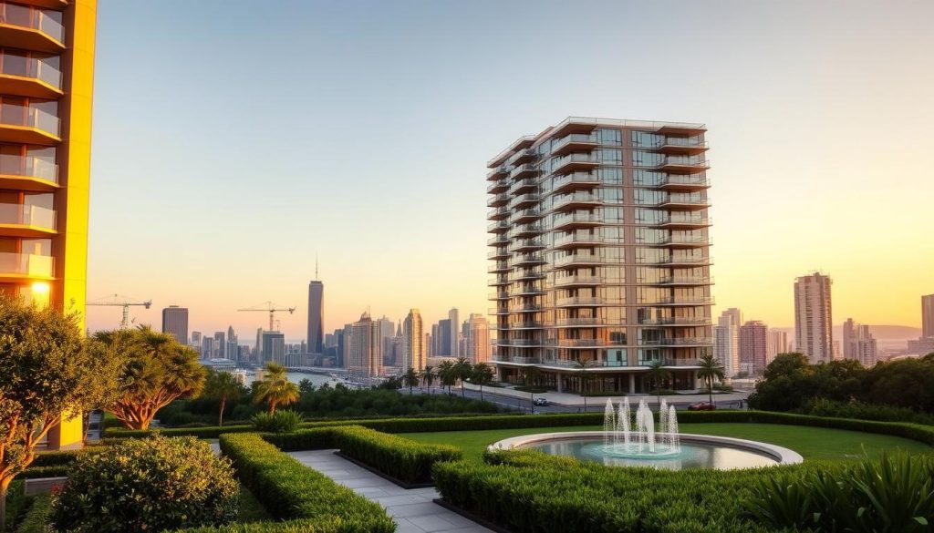 A modern, expansive apartment building with a sleek, minimalist design stands prominently against a backdrop of a vibrant, bustling city skyline. The structure's floor-to-ceiling windows reflect the warm, golden glow of the evening sun, casting a soft, inviting ambiance. In the foreground, a well-manicured garden with lush greenery and a serene water feature creates a tranquil oasis, hinting at the luxurious living experience within. The scene conveys the essence of smart, strategic real estate investment, blending urban sophistication with the comforts of a premium residential haven.