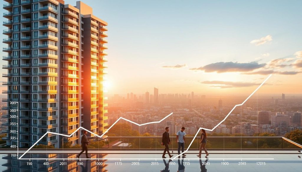 A modern high-rise residential building set against a panoramic cityscape, with a foreground featuring a graph or chart illustrating the financial benefits of real estate investment. The building is bathed in warm, golden light, conveying a sense of prosperity and security. In the middle ground, people are shown moving about, engaged in various activities, representing the vibrant lifestyle associated with such investments. The background showcases the skyline of a thriving urban center, suggesting the potential for growth and appreciation in property values. The overall composition exudes a feeling of confidence, stability, and the promising future of real estate as an investment opportunity. A modern high-rise residential building set against a panoramic cityscape, with a foreground featuring a graph or chart illustrating the financial benefits of real estate investment. The building is bathed in warm, golden light, conveying a sense of prosperity and security. In the middle ground, people are shown moving about, engaged in various activities, representing the vibrant lifestyle associated with such investments. The background showcases the skyline of a thriving urban center, suggesting the potential for growth and appreciation in property values. The overall composition exudes a feeling of confidence, stability, and the promising future of real estate as an investment opportunity.