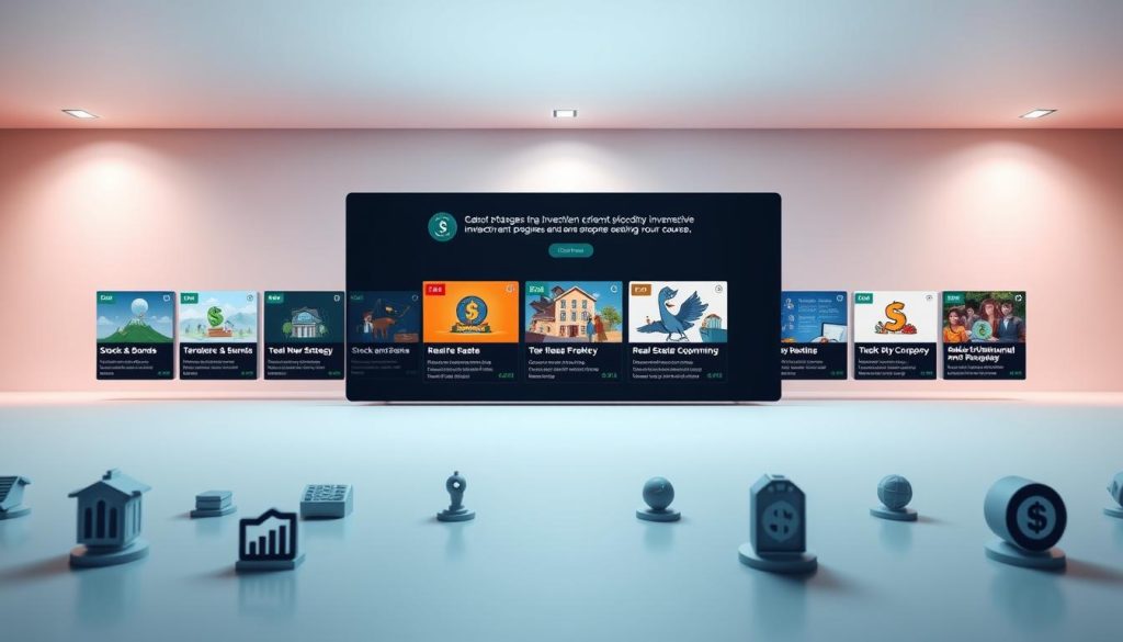 A modern, sleek digital learning platform with a minimalist user interface. In the foreground, an array of course thumbnails and icons representing different investment strategies, from stocks and bonds to real estate and cryptocurrency. In the middle ground, a central panel showcasing a selection of online courses, their titles and descriptions prominently displayed. The background features a soft, gradient-based color scheme, lending a sense of professionalism and authority. Subtle lighting effects create depth and emphasize the digital nature of the scene. The overall atmosphere conveys a feeling of accessible, comprehensive investment education tailored for beginners. A modern, sleek digital learning platform with a minimalist user interface. In the foreground, an array of course thumbnails and icons representing different investment strategies, from stocks and bonds to real estate and cryptocurrency. In the middle ground, a central panel showcasing a selection of online courses, their titles and descriptions prominently displayed. The background features a soft, gradient-based color scheme, lending a sense of professionalism and authority. Subtle lighting effects create depth and emphasize the digital nature of the scene. The overall atmosphere conveys a feeling of accessible, comprehensive investment education tailored for beginners.