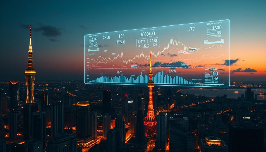 A panoramic cityscape at dusk, with a futuristic cityscape of skyscrapers and neon-lit towers in the foreground. In the sky, a holographic display showcases a dynamic visualization of cryptocurrency price charts, graphs, and data points, reflecting the current trends and volatility of the crypto market. The scene is bathed in a warm, amber glow, creating an atmospheric and immersive environment that conveys the energy and excitement of the ever-evolving world of digital currencies.