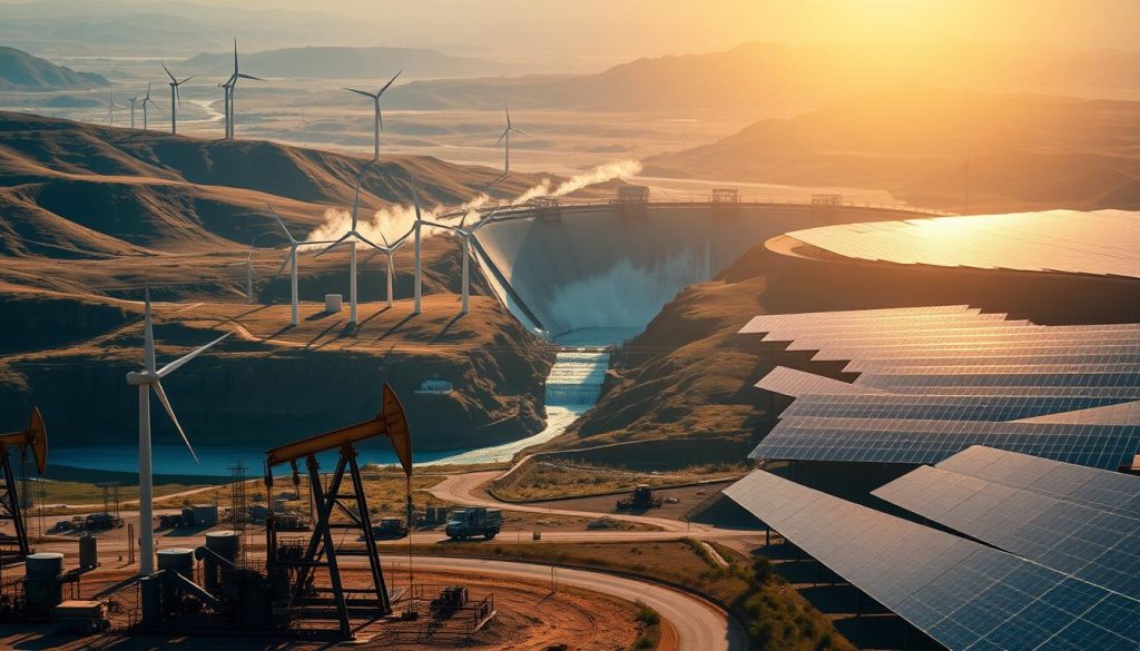 A panoramic view of the energy sector's dividends, showcasing a striking landscape of power plants, wind turbines, and solar panels. The foreground features a cluster of oil derricks, their pumps rhythmically extracting crude. In the middle ground, a towering hydroelectric dam stands, its turbines churning the rushing waters. The background is dominated by a vast array of solar panels, their surfaces reflecting the golden rays of the sun. The scene is bathed in a warm, glowing light, conveying a sense of progress and potential. The composition is balanced, with a sense of depth and scale, capturing the diverse and dynamic nature of the energy industry and its potential for growth and profitability. A panoramic view of the energy sector's dividends, showcasing a striking landscape of power plants, wind turbines, and solar panels. The foreground features a cluster of oil derricks, their pumps rhythmically extracting crude. In the middle ground, a towering hydroelectric dam stands, its turbines churning the rushing waters. The background is dominated by a vast array of solar panels, their surfaces reflecting the golden rays of the sun. The scene is bathed in a warm, glowing light, conveying a sense of progress and potential. The composition is balanced, with a sense of depth and scale, capturing the diverse and dynamic nature of the energy industry and its potential for growth and profitability.