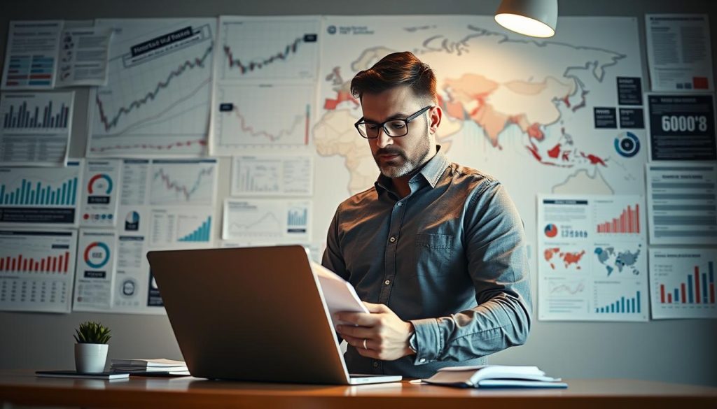 A professional financial investor standing at a desk, analyzing stock charts and spreadsheets on a laptop. Behind them, a world map and various investment-related infographics adorn the wall, creating an atmosphere of systematic, data-driven decision-making. Soft, warm lighting illuminates the scene, casting a contemplative mood. The investor's facial expression is one of focused concentration, their body language exuding an air of expertise and methodical approach. The overall composition conveys a sense of a comprehensive, strategic investment strategy. A professional financial investor standing at a desk, analyzing stock charts and spreadsheets on a laptop. Behind them, a world map and various investment-related infographics adorn the wall, creating an atmosphere of systematic, data-driven decision-making. Soft, warm lighting illuminates the scene, casting a contemplative mood. The investor's facial expression is one of focused concentration, their body language exuding an air of expertise and methodical approach. The overall composition conveys a sense of a comprehensive, strategic investment strategy.
