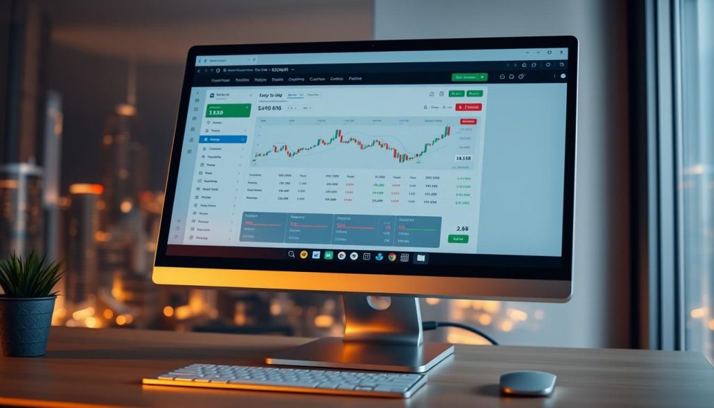 A professional-looking Forex demo account interface, showcased on a modern desktop computer screen. The display features a clean, minimalist design with intuitive trading tools and real-time market data. Soft, warm lighting illuminates the scene, creating a sense of focus and concentration. The computer's sleek, silver chassis reflects the desktop's contents, blending the physical and digital realms. In the background, a tasteful, out-of-focus cityscape hints at the global nature of the Forex market. The overall atmosphere conveys a sense of opportunity, financial empowerment, and the potential for successful Forex investment. A professional-looking Forex demo account interface, showcased on a modern desktop computer screen. The display features a clean, minimalist design with intuitive trading tools and real-time market data. Soft, warm lighting illuminates the scene, creating a sense of focus and concentration. The computer's sleek, silver chassis reflects the desktop's contents, blending the physical and digital realms. In the background, a tasteful, out-of-focus cityscape hints at the global nature of the Forex market. The overall atmosphere conveys a sense of opportunity, financial empowerment, and the potential for successful Forex investment.