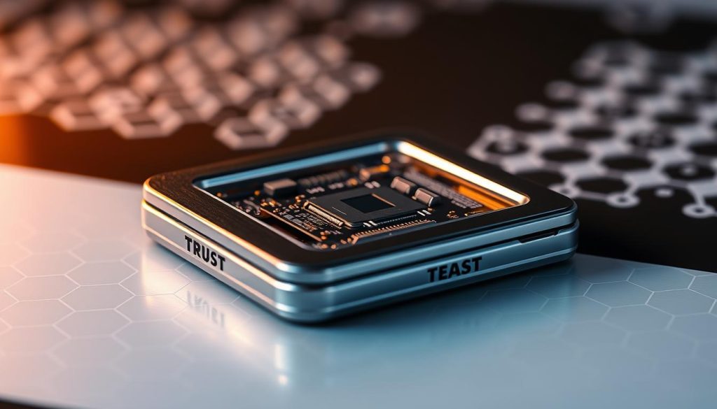 A secure crypto wallet encased in a sleek, metallic casing. The surface reflects soft, warm lighting, creating a sense of trust and reliability. The wallet's interior is visible through a transparent panel, showcasing its intricate circuitry and advanced security features. In the background, a grid of hexagonal patterns symbolizes the blockchain technology that underpins the wallet's secure transactions. The overall composition conveys a sense of technological sophistication and uncompromising protection for the user's digital assets. A secure crypto wallet encased in a sleek, metallic casing. The surface reflects soft, warm lighting, creating a sense of trust and reliability. The wallet's interior is visible through a transparent panel, showcasing its intricate circuitry and advanced security features. In the background, a grid of hexagonal patterns symbolizes the blockchain technology that underpins the wallet's secure transactions. The overall composition conveys a sense of technological sophistication and uncompromising protection for the user's digital assets.