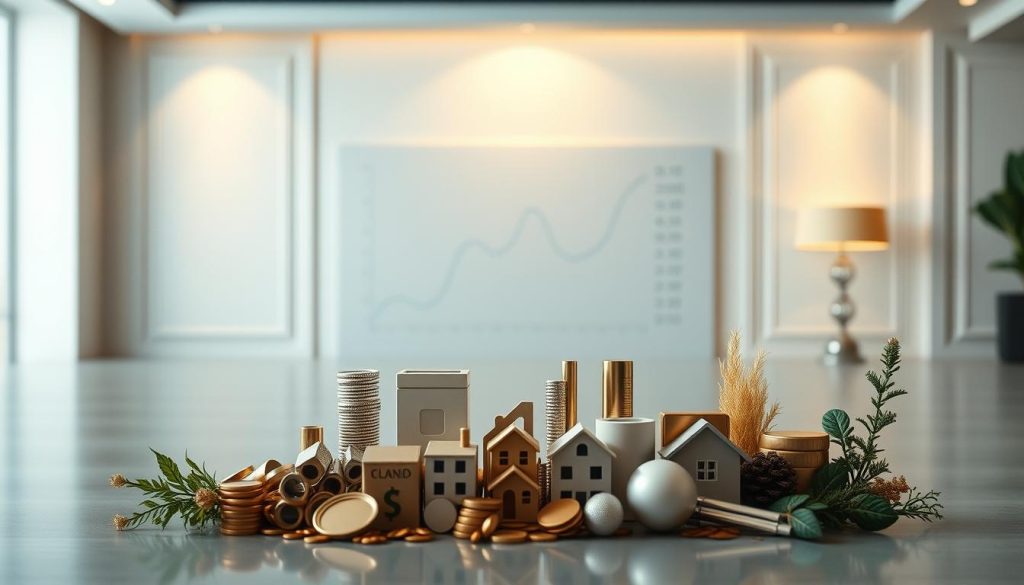A serene, balanced composition depicting the diversification of an investment portfolio. In the foreground, a variety of financial instruments - stocks, bonds, real estate, and commodities - are arranged in a harmonious arrangement, symbolizing the spread of risk. The middle ground features a minimalist graph or chart, illustrating the principles of portfolio diversification. The background is a softly-lit, elegant environment, conveying a sense of stability and security. Subtle lighting from above casts a warm, contemplative glow over the scene, emphasizing the importance of careful, strategic investing. Overall, the image conveys the key concept of diversification as a means to mitigate investment risk.